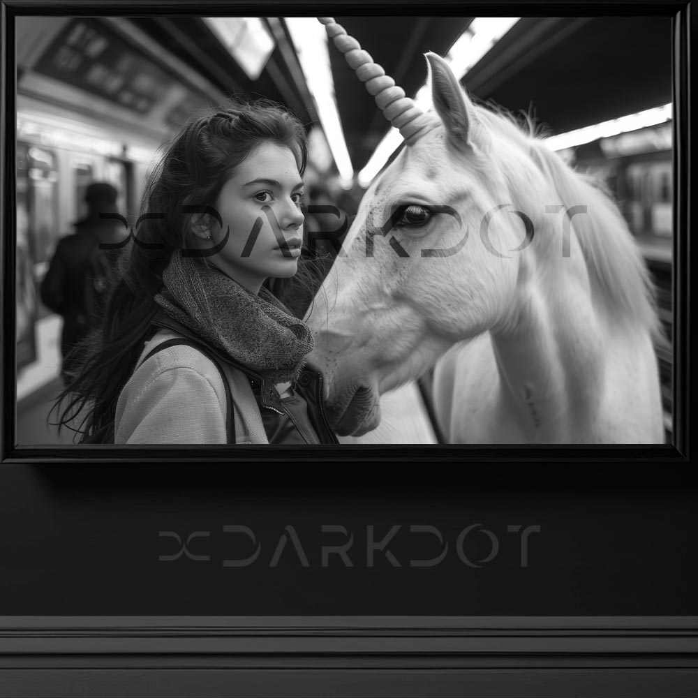 siyah beyaz portre fotograflari siyah beyaz fotograf metroda unicorn ve kadin gorseli