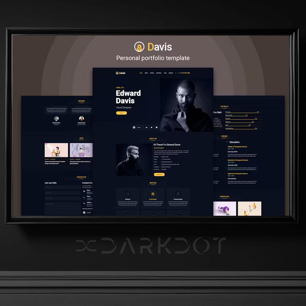 davis personal portfoli kisisel portfolyo dark theme html template sablon