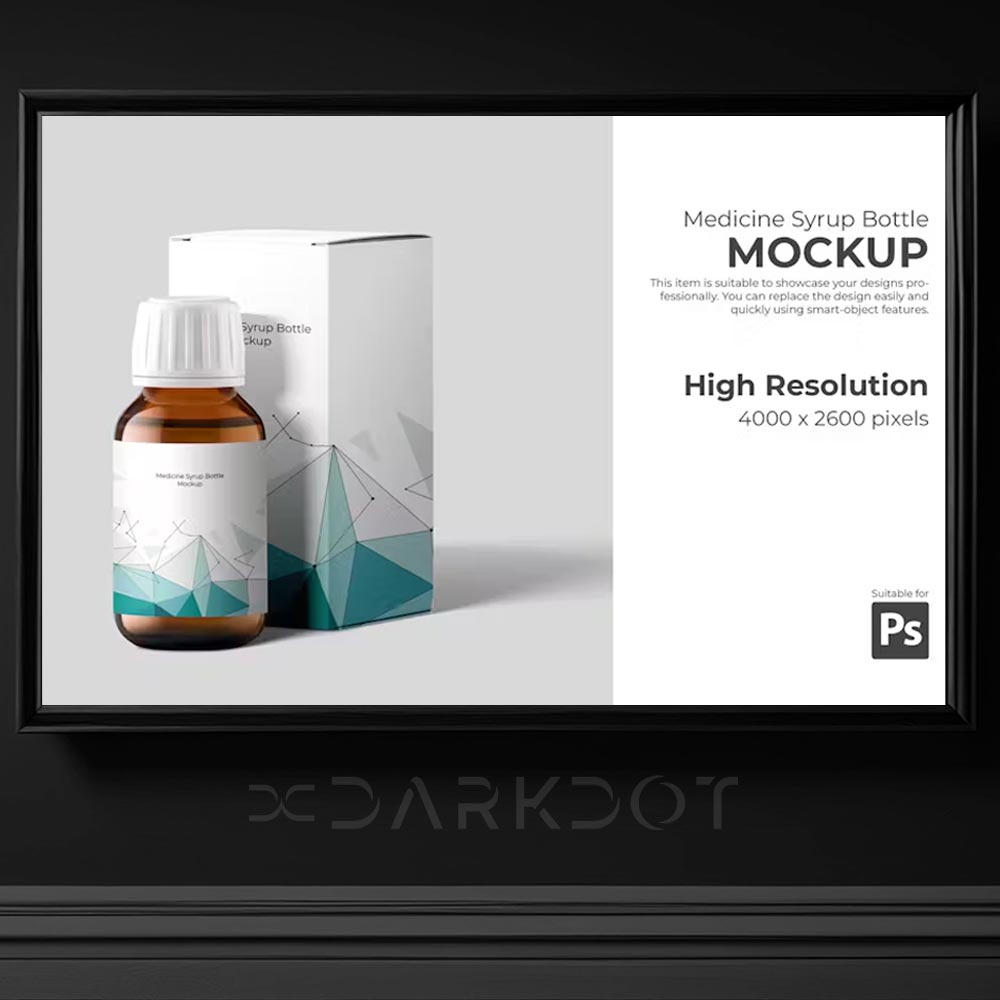 medikal ilac surup sisesi ve surup kutusu birlikte mockup set tasarim psd