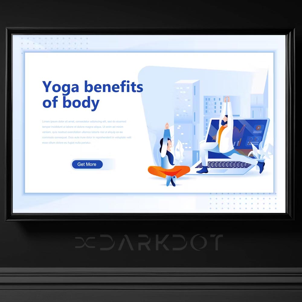 ofiste yoga yapan kadin erkek personel illustrasyon banner slayt tema