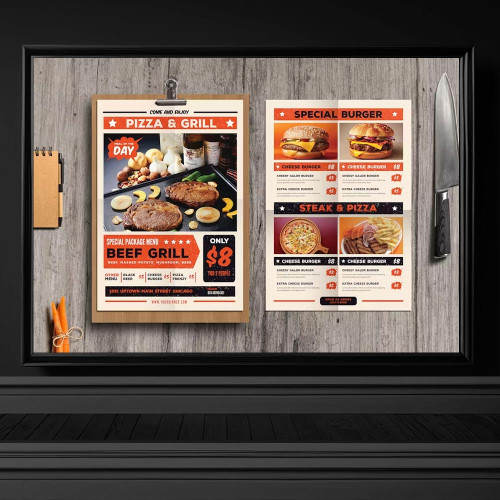 4435 retro klasik fast food hamburger pizza menu brosur el ilani tasarimi psd ai indir