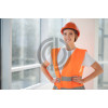 3406 woman young female worker people wearing holding helmet discussing image