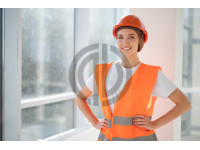 3406 woman young female worker people wearing holding helmet discussing image