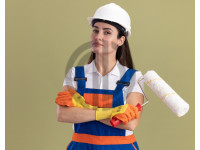 3407 young woman holding paint roller female worker female worker photos hard