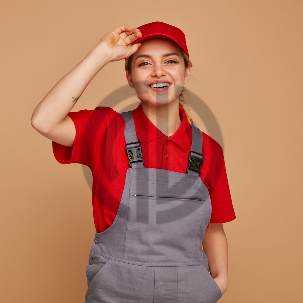 3418 iş elbisesi giymiş gülümseyen kadın neşeli kadın işçi kırmızı şapkalı çalışkan kız