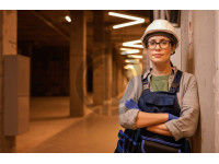 3421 beyaz baretli kadın beyaz kask giymiş orta yaşlı işçi kadın elleri bağlı gözlüklü