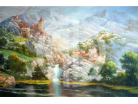Dağların arasından akan şelale manzara yağlı boya fotoğraf