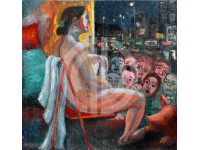 Nü çıplak kadın sokakta sandalyede yağlı boya fotoğraf