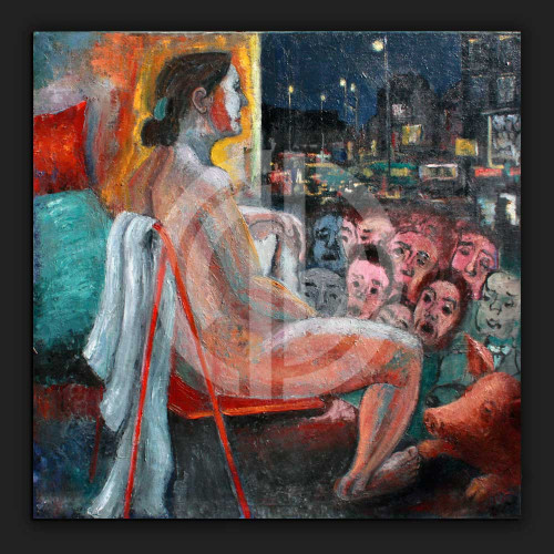 Nü çıplak kadın sokakta sandalyede yağlı boya fotoğraf