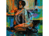 Nft bikinili kadın otururken profilden yağlı boya fotoğraf