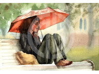 Yağmurlu havada bankta şemsiyeyle oturan güzel kız