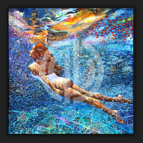 Suyun altında havuzda yüzen bikinili kadın renkli yağlı boya