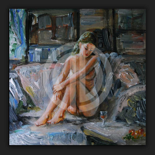 Çıplak kadın koltukta düşünceli yağlı boya tablo resim