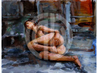 Çıplak kadın nü yere uzanmış seksi yağlı boya görsel