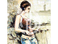Duvara yaslanmış kadın yağlı boya tablo resim