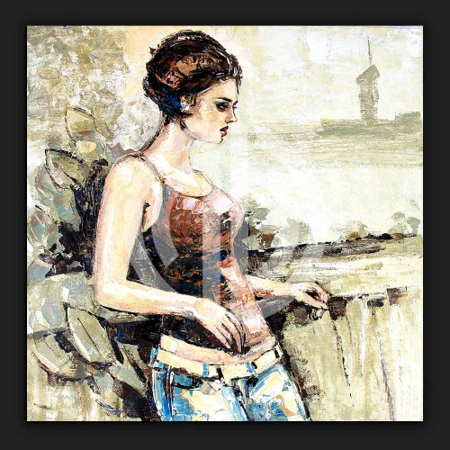 Duvara yaslanmış kadın yağlı boya tablo resim