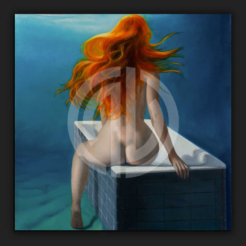 Kızıl saçlı çıplak kadın küvette yağlı boya tablo görseli