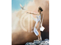 Özgür kadın fotoğrafı kuş uçururken yağlı boya resim