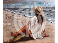 Sahilde güneşlenen kadın yağlı boya fotoğrafı