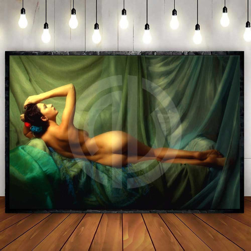 Yatakta çıplak kadın fotoğrafı nü tablo görseli