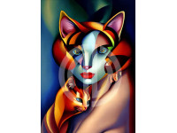 Kübik kedi ve anne fotoğrafı yağlı boya görsel