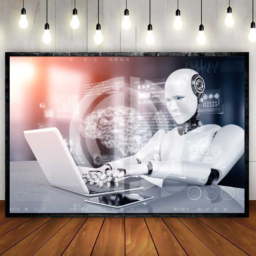 Yapay zeka bilgisayar başında robot insan fotoğrafı