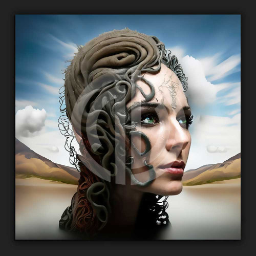 Kıvırcık dalgalı saçlı kadın kız da sürreal gökyüzü dağ