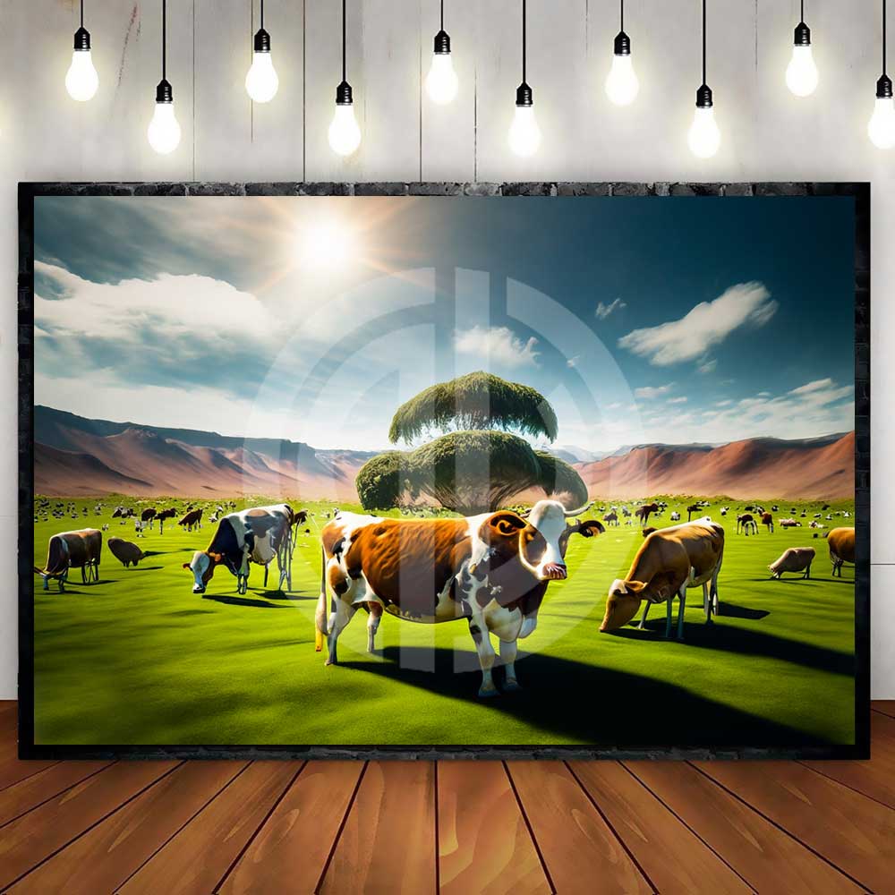 Otlayan inekler fotoğrafı yeşillik güneş çimenlerde hayvanlar