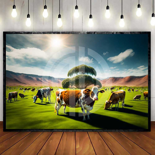 Otlayan inekler fotoğrafı yeşillik güneş çimenlerde hayvanlar