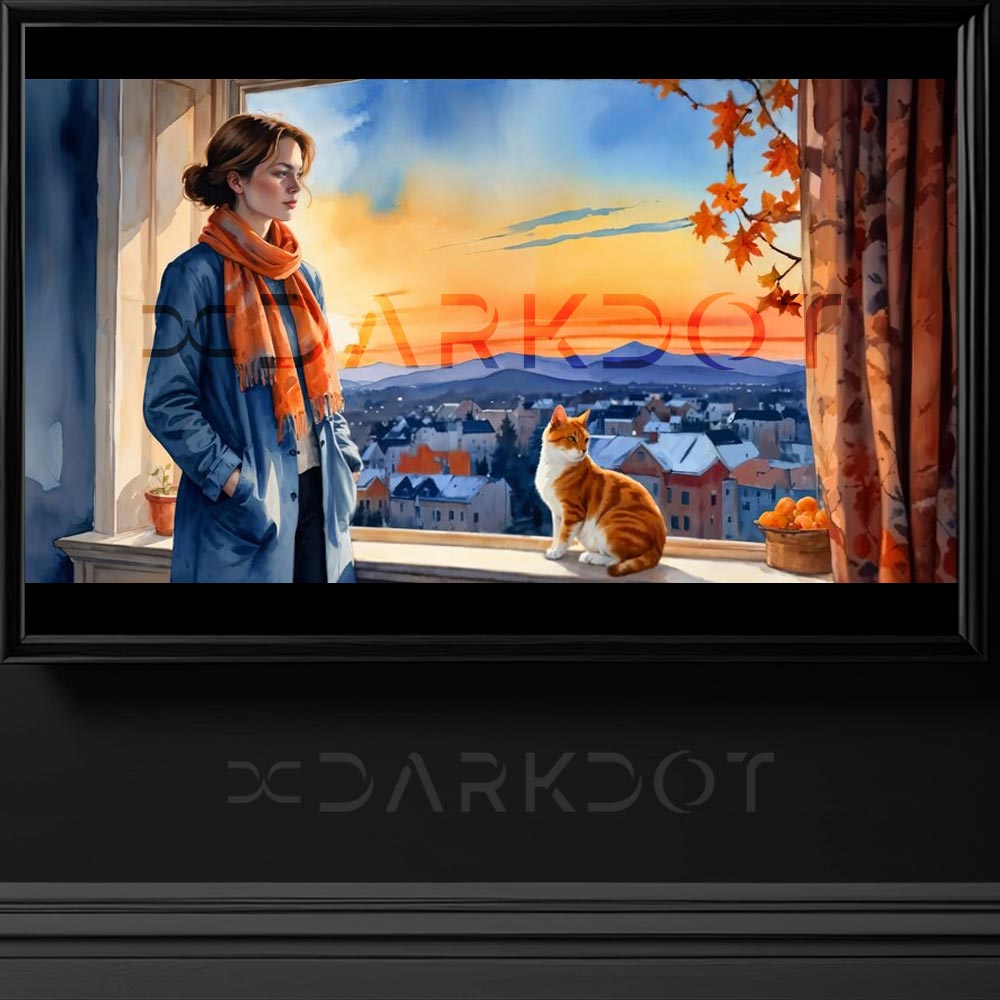 kedi ve kiz fotograflari pencere onunde kedi ve genc kiz cizim illustrasyon