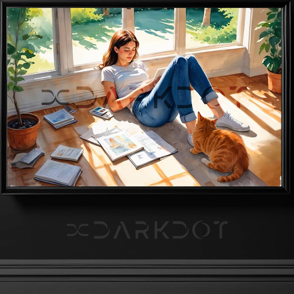 evde kedisiyle beraber vakit geciren genc kiz cizgi film karikatur fotograf