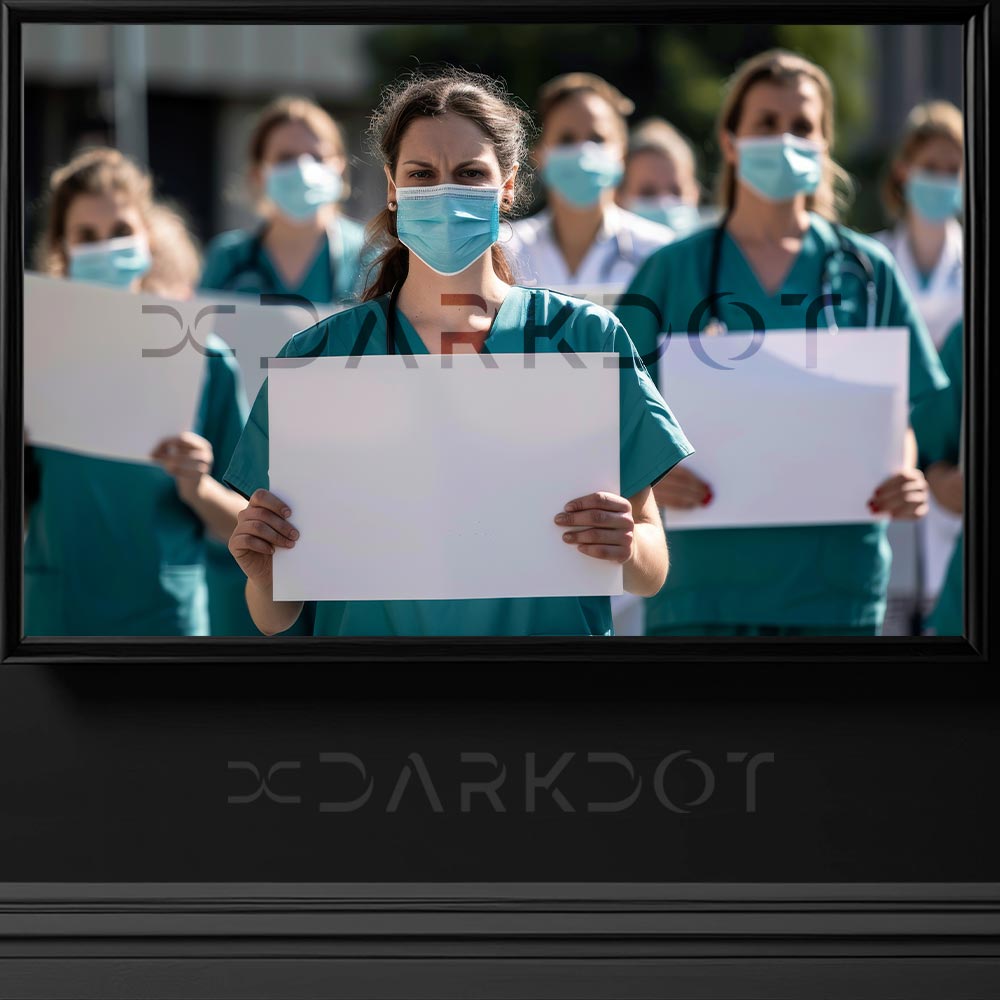 grev yapan doktorlar ellerinde bos pankart tutan kadin doktor temali protesto fotografi